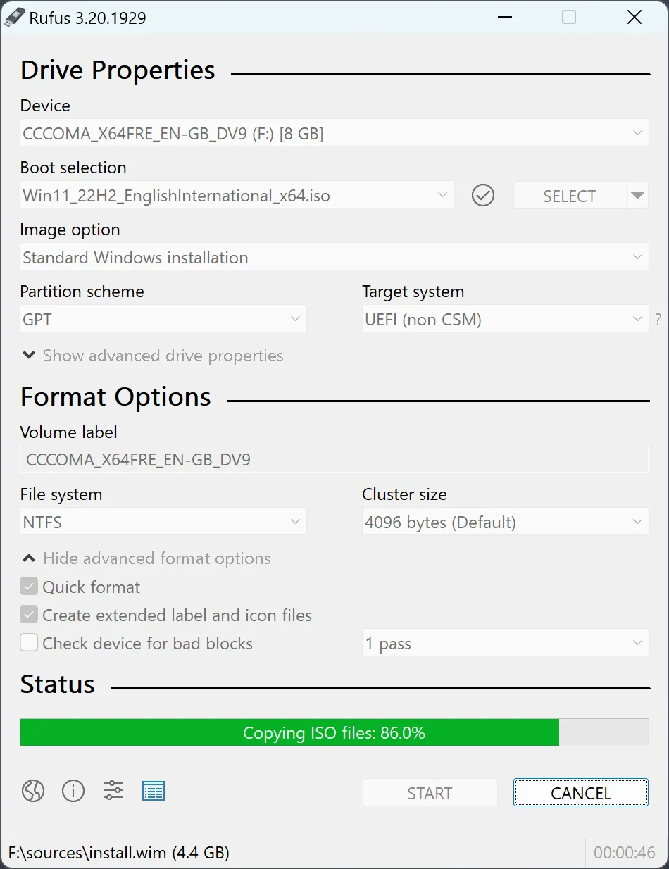 Rufus main dialog on Windows showing Device, Boot selection, Partition scheme, Target system, and START.