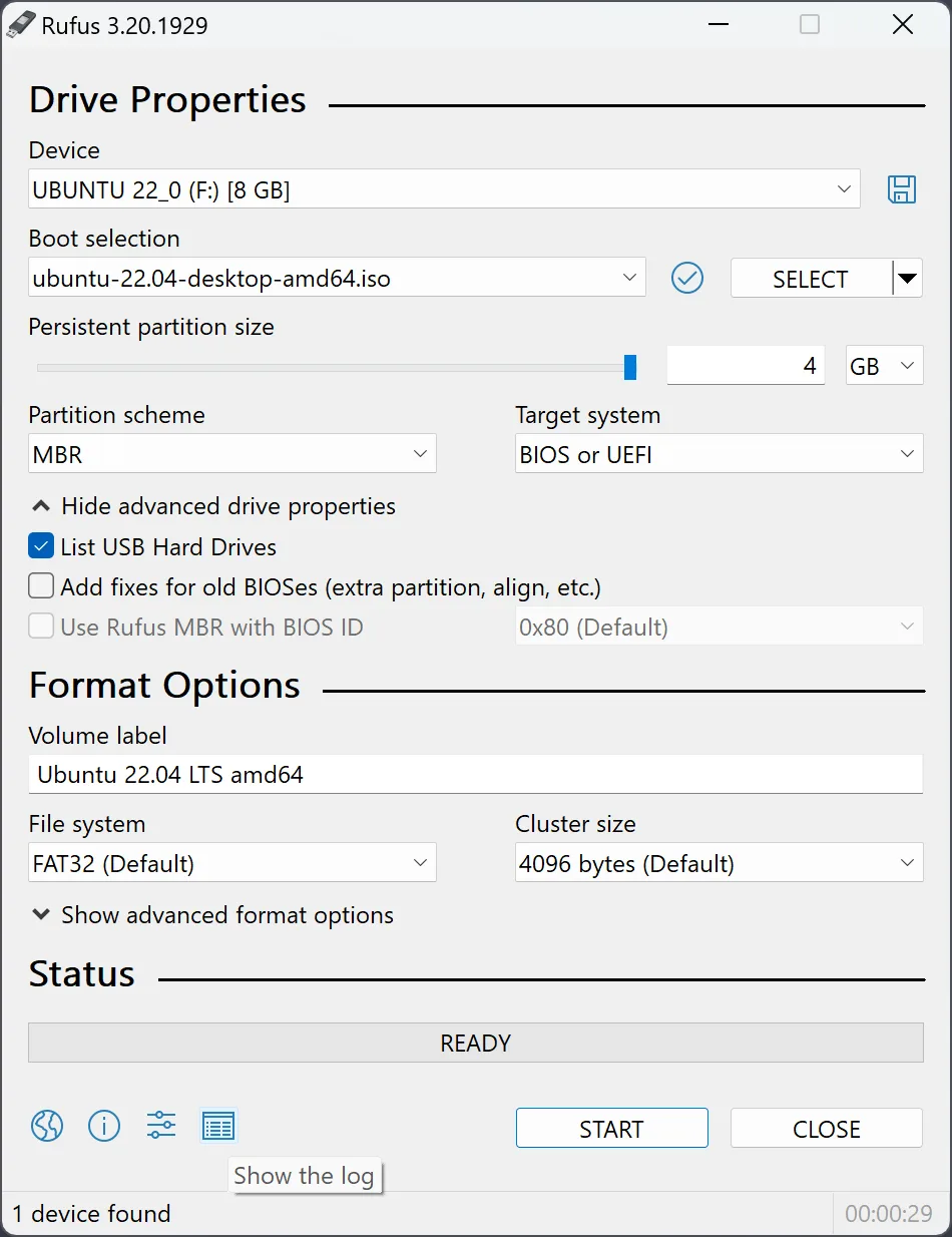 Rufus on Windows with Boot selection or image options open for an ISO write flow.