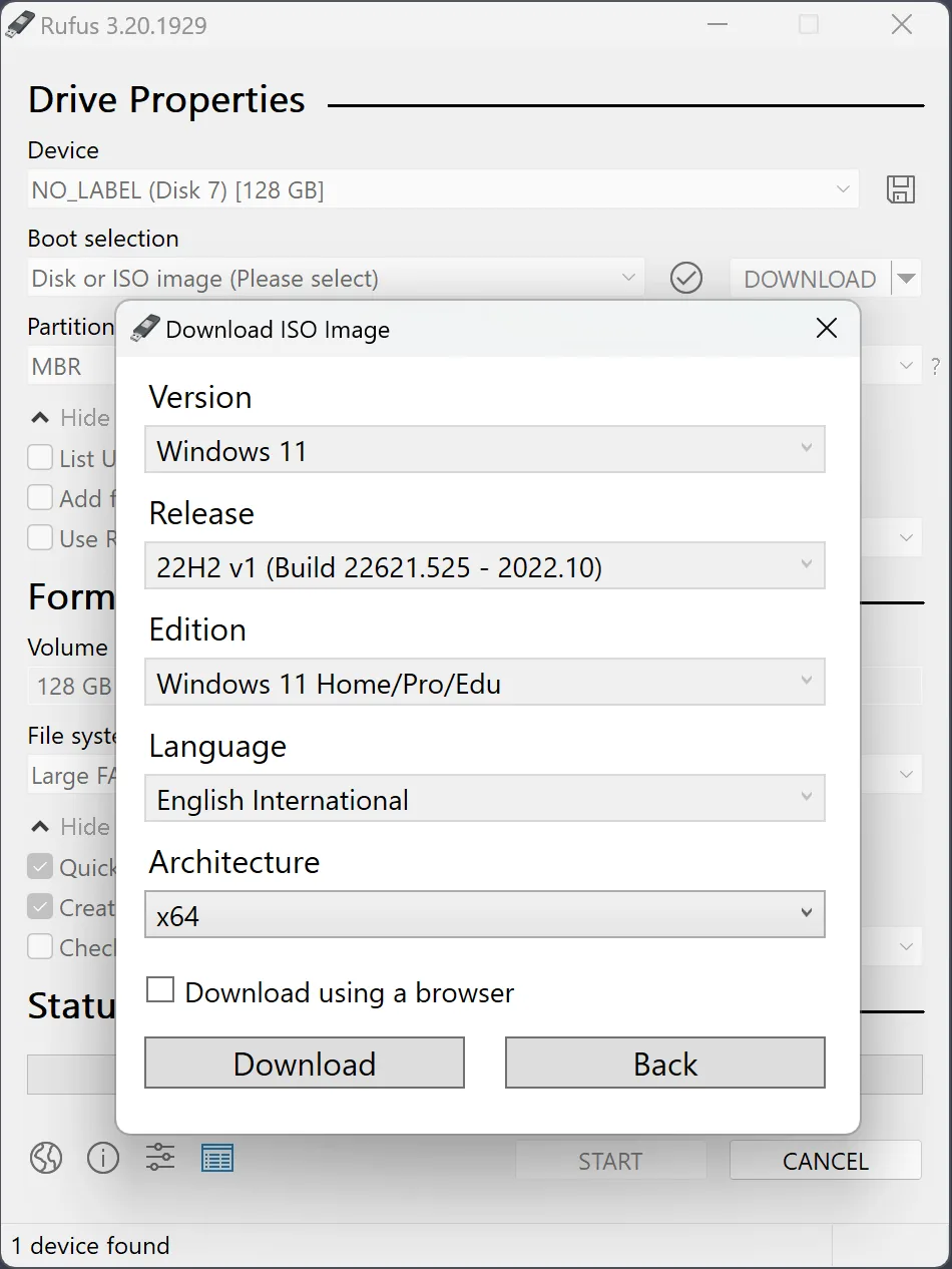 Rufus status or progress view during a USB write on Windows.